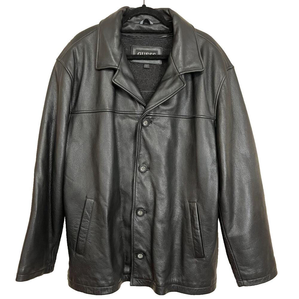GUESS Mens Black Leather Button Up Jacket With Wool Blend Vest Lining Size Large